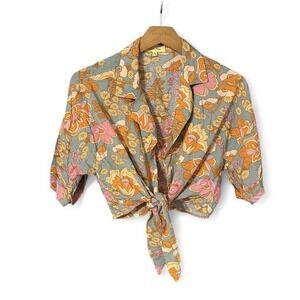 Love Notes Retro Floral Tied Crop Top Womens Small S Boho Flowercore Earthy